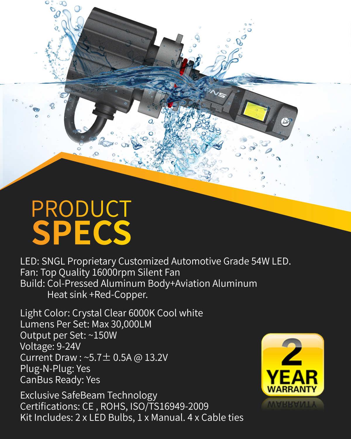 SNGL 9006 LED headlight bulbs for 2002 Chevy malibu suitable for extreme environments with IP67 Rain-Resistant Build 
