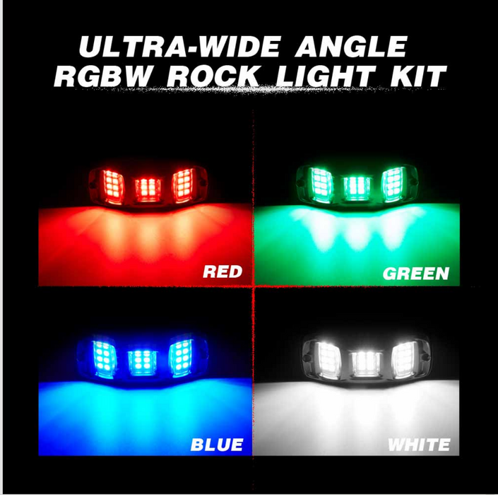 4 Pods RGBW LED Rock Lights Kit, Ultra-wide Angle, Super Bright, with Bluetooth APP & Wireless Remote Control