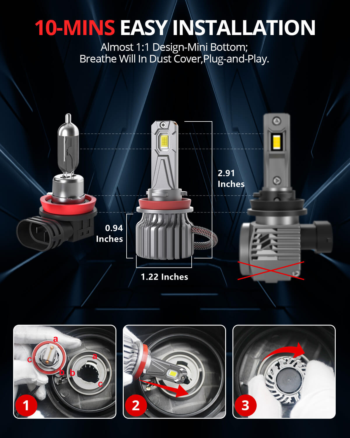 SNGL H11 H9 headlight bulb plug-and-play for 10 mins easy installation