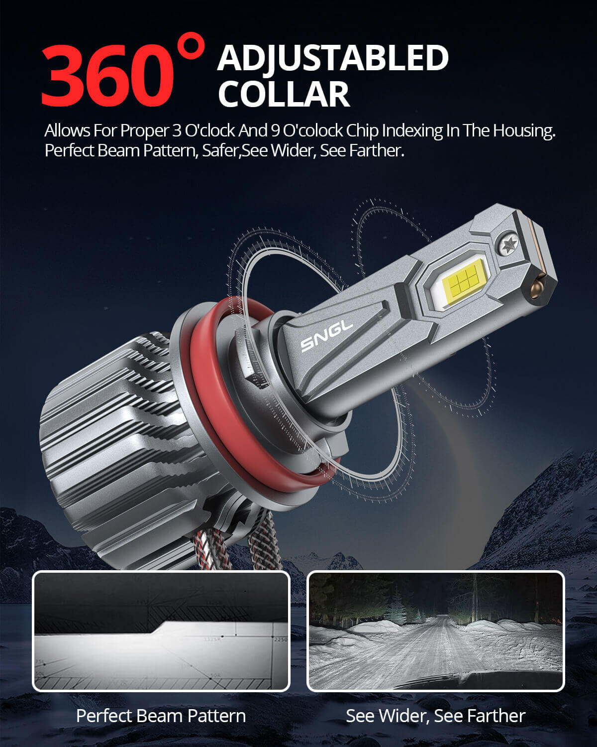 SNGL H11 H9 led lights can adjust the collar for a perfect beam pattern
