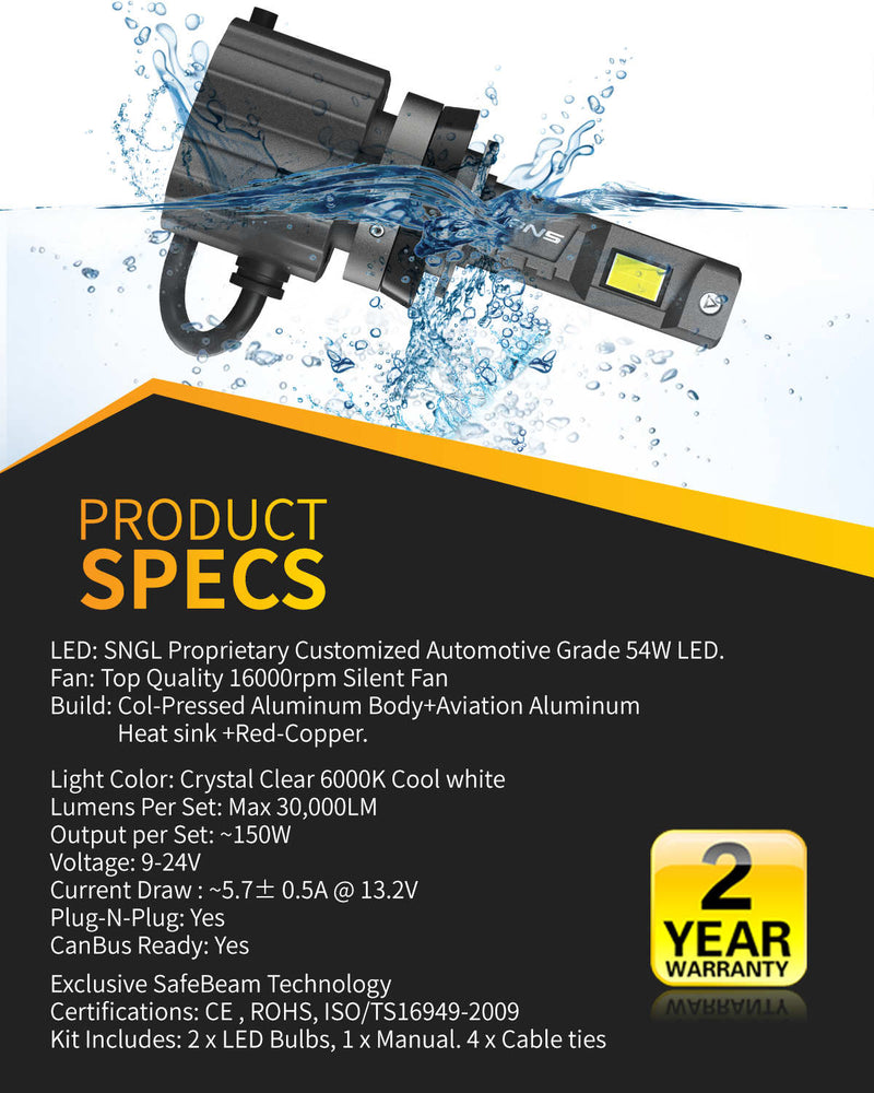 SNGL H11 LED headlight bulbs for Honda Pilot 2006 light bulbs suitable for extreme environments with IP67 Rain-Resistant Build 