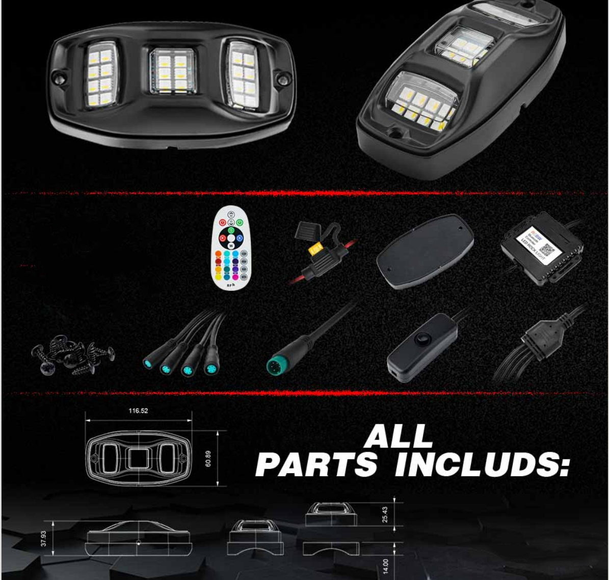 4 Pods RGBW LED Rock Lights Kit, Ultra-wide Angle, Super Bright, with Bluetooth APP & Wireless Remote Control