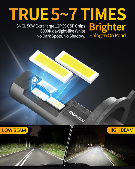 SNGL HB5 9007 LED Headlight Bulbs High and Low Beam, 6000K White SH75U3 Version Pack of 2