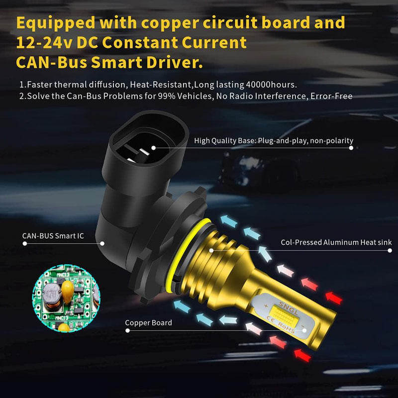 SNGL 9145 9140 H10 LED Fog Light Bulbs Yellow 3000k PY20D 9040 9045 LED Bulbs DRL High Power 3600LM Plug-and-Play (Pack of 2) - SNGLlighting 