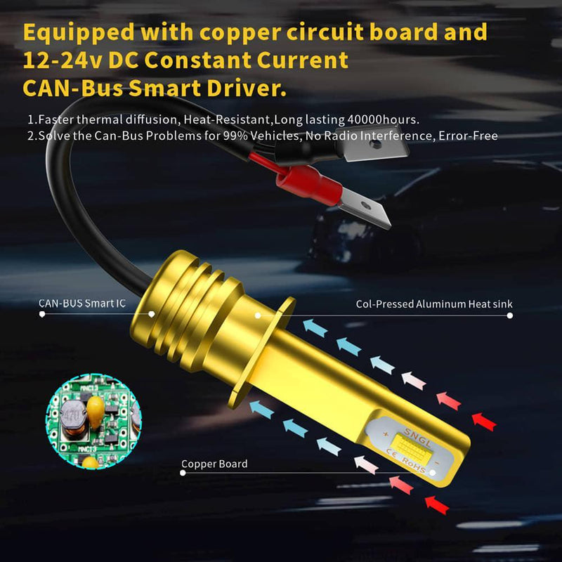 SNGL H1 Yellow LED Fog Light Bulb 3000k Extremely Bright High Power DRL or Fog Light Lamp Replacement 3600LM (Pack of 2) - SNGLlighting 