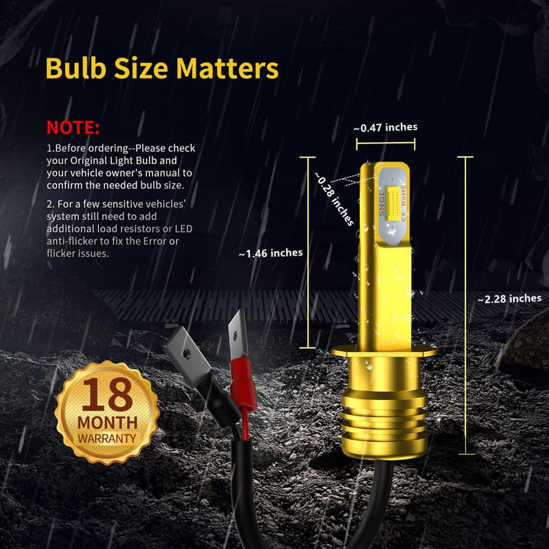 SNGL H1 Yellow LED Fog Light Bulb 3000k Extremely Bright High Power DRL or Fog Light Lamp Replacement 3600LM (Pack of 2) - SNGLlighting 