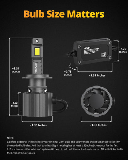 SNGL H7 LED headlamp bulbs size