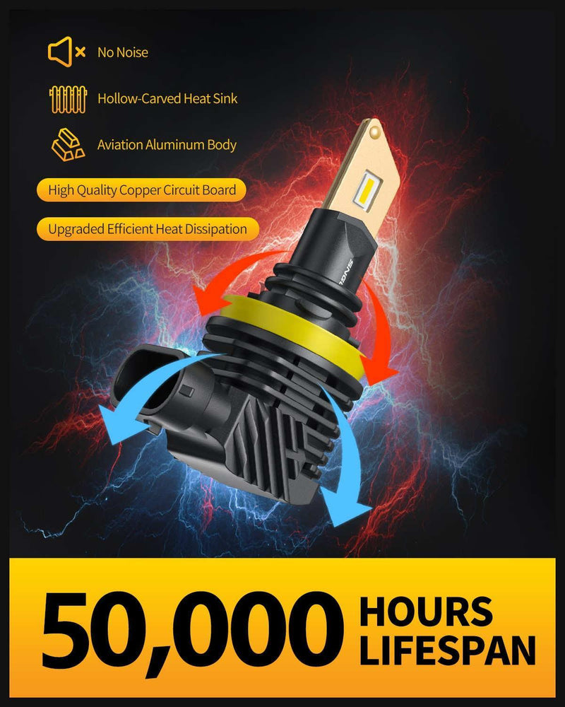 SNGL H11/H8/H16 LED Fog Light Bulbs or DRL, 3000K Amber Yellow, 13000LM Per Set, 500% Brightness, Fanless, Pack of 2 - SNGLlighting 