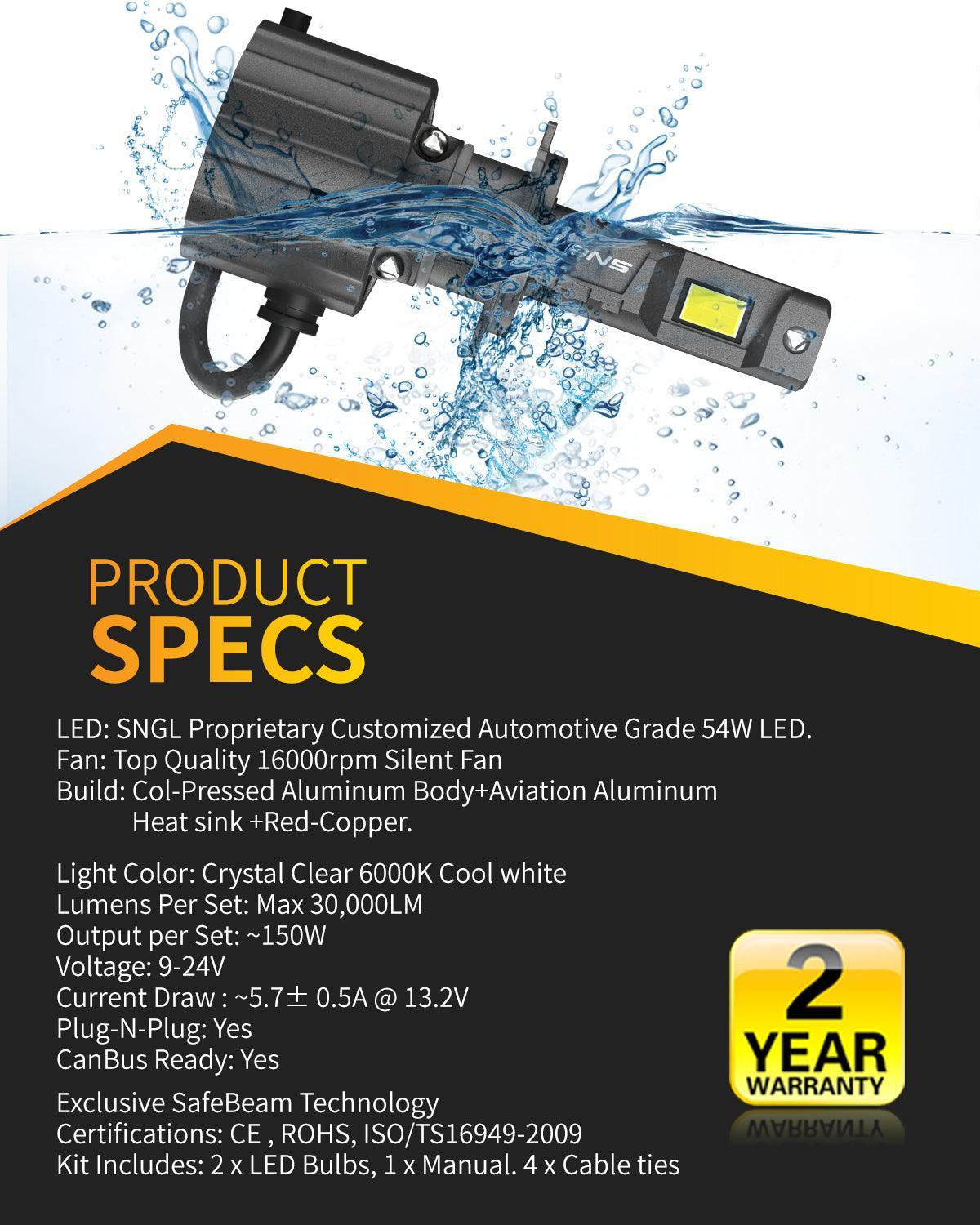 High-performance SNGL LED H7 headlights with IP67 waterproof