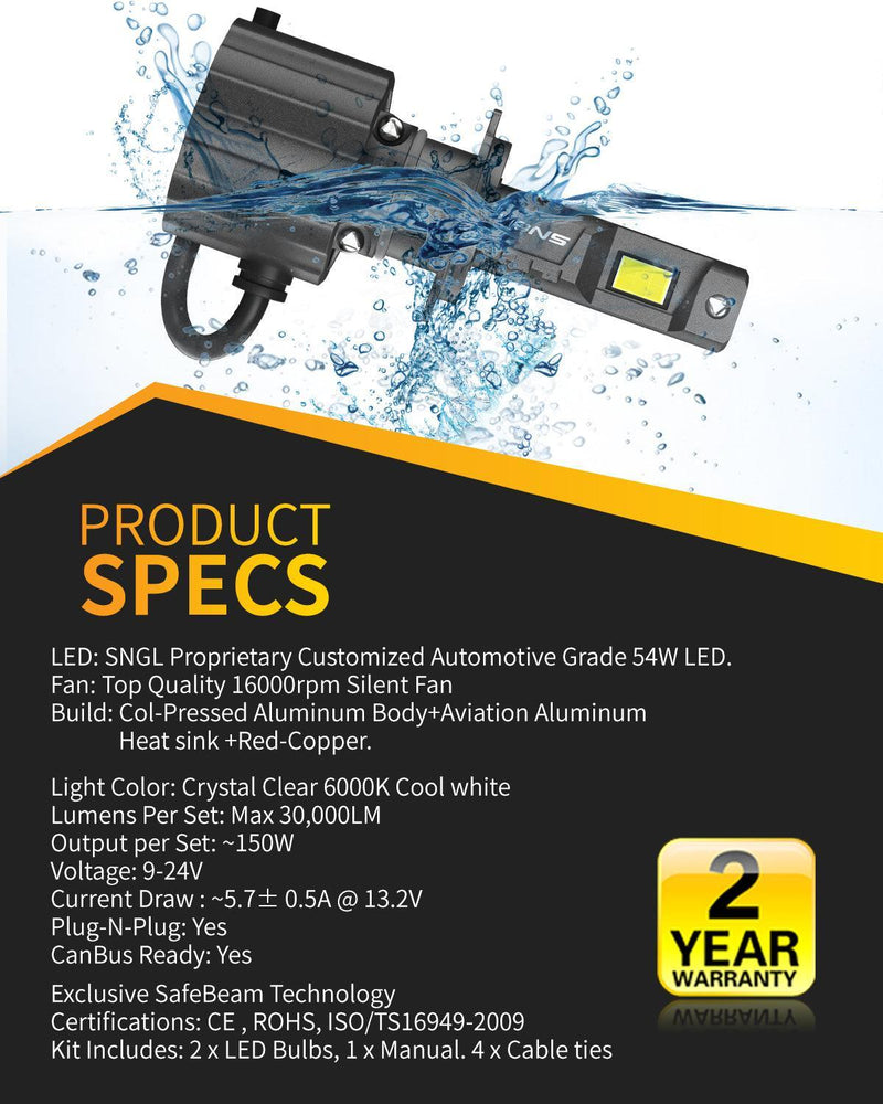 High-performance SNGL LED H7 headlights with IP67 waterproof