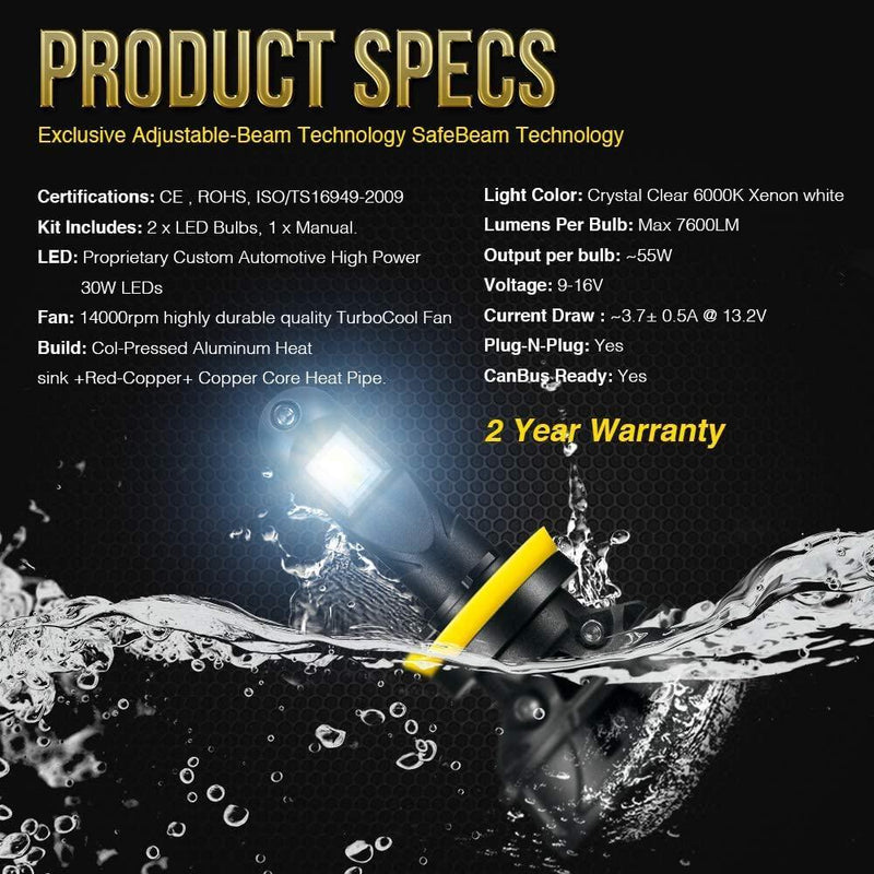 SNGL H7 LED Headlight Bulb Low or High Beam 15200LM 110W 6000K Xenon White, Adjustable Beam, Super Bright, 2Year Warranty - SNGLlighting 