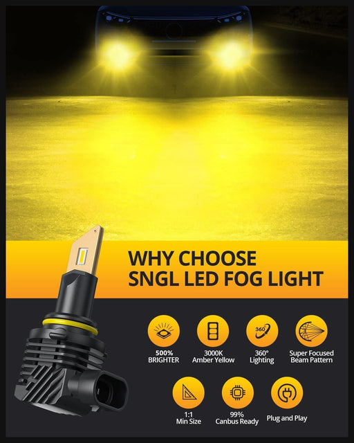 SNGL HB3 9005 LED Bulbs 3000K Amber Yellow, 13000LM Per Set, Fanless, Plug-and-Play Pack of 2 - SNGLlighting 