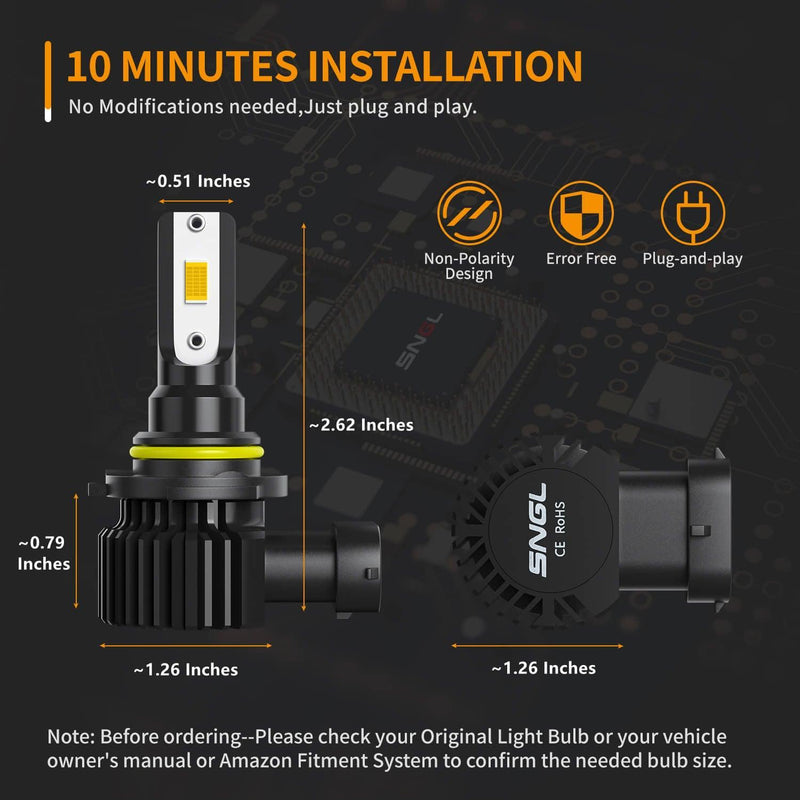 SNGL HB3 9005 Yellow LED Fog Light Bulbs Amber 3000K , 12V Daytime Running Light DRL Halogen Replacement Bulb, 6400LM (Pack of 2) - SNGLlighting 