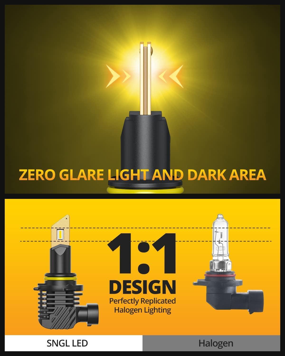 SNGL HB3 9005 LED Bulbs 3000K Amber Yellow, 13000LM Per Set, Fanless, Plug-and-Play Pack of 2 - SNGLlighting 