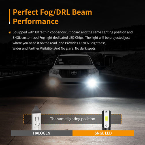 SNGL HB3 9005 LED Fog Light Bulbs 6000K White , 12V Daytime Running Light DRL Halogen Replacement Bulb Extremely Bright  (Pack of 2) - SNGLlighting 