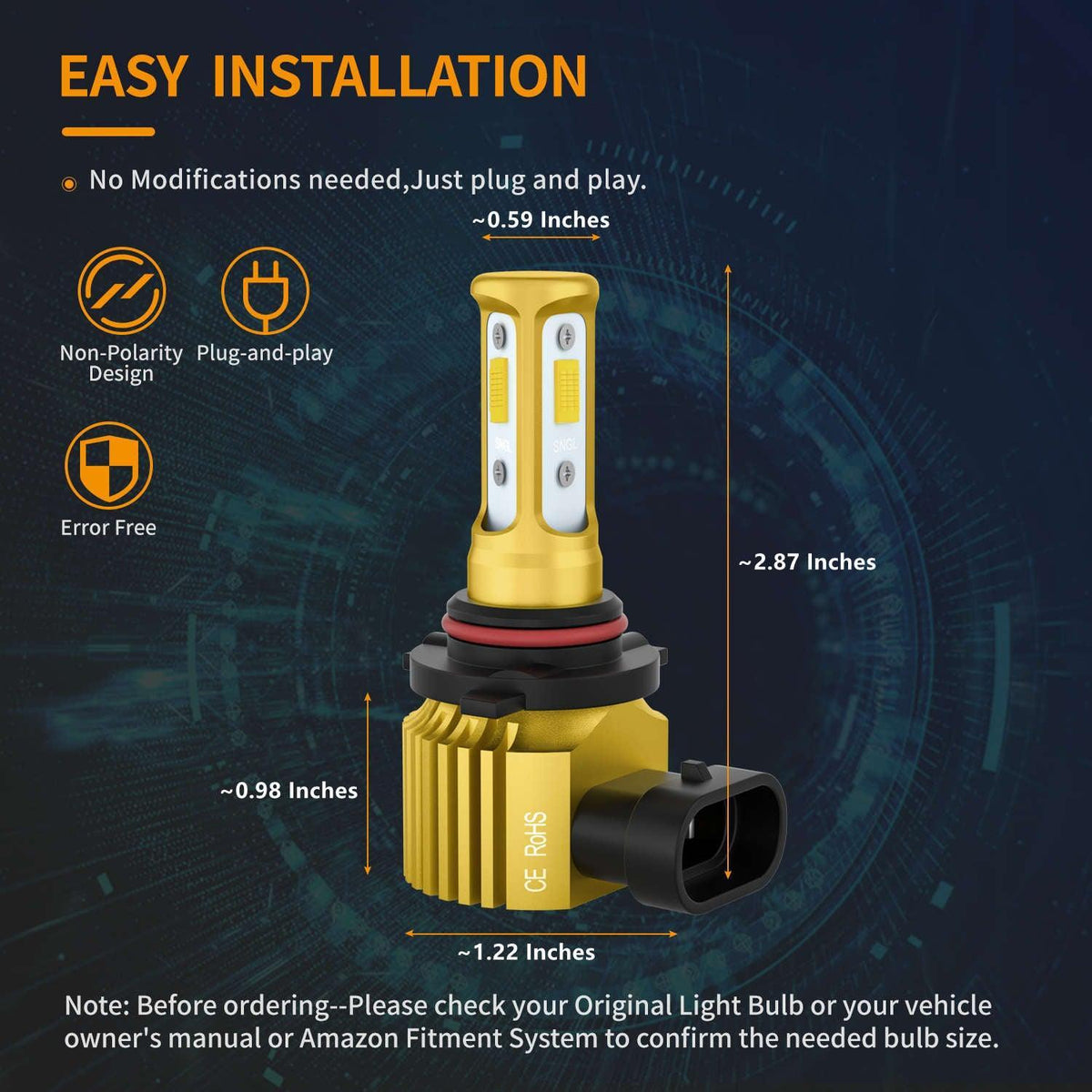 SNGL 9005 Yellow LED Fog Light Bulbs 3000k 6800LM, 40W High Power 12V HB3 9005 LED Daytime Running Lights Bulbs DRL (Pack of 2) - SNGLlighting 