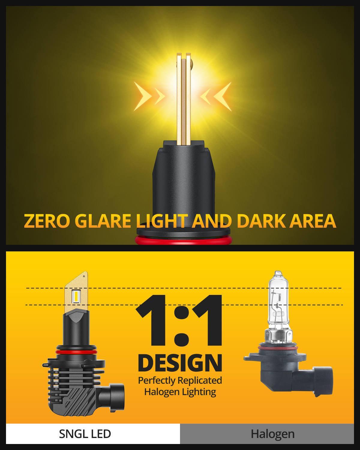 SNGL HB4 9006 LED Fog Light Bulbs, 3000K Amber Yellow, 13000LM Per Set, 500% Brightness, Fanless, Pack of 2 - SNGLlighting 