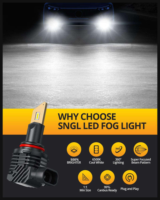 SNGL HB4 9006 LED Fog Light Bulbs or DRL, 13000LM Per Set, 500% Brightness, 6500K White, Fanless, Plug-N-Play, Pack of 2 - SNGLlighting 
