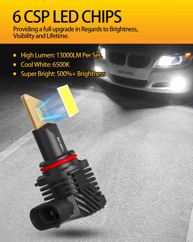 SNGL HB4 9006 LED Fog Light Bulbs or DRL, 13000LM Per Set, 500% Brightness, 6500K White, Fanless, Plug-N-Play, Pack of 2 - SNGLlighting 