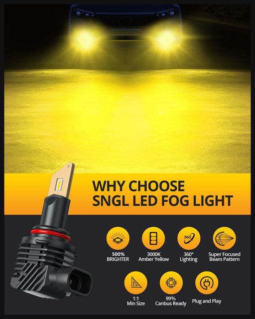 SNGL HB4 9006 LED Fog Light Bulbs, 3000K Amber Yellow, 13000LM Per Set, 500% Brightness, Fanless, Pack of 2 - SNGLlighting 