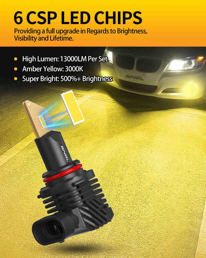SNGL HB4 9006 LED Fog Light Bulbs, 3000K Amber Yellow, 13000LM Per Set, 500% Brightness, Fanless, Pack of 2 - SNGLlighting 