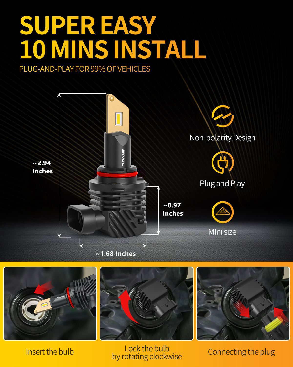 SNGL HB4 9006 LED Fog Light Bulbs, 3000K Amber Yellow, 13000LM Per Set, 500% Brightness, Fanless, Pack of 2 - SNGLlighting 
