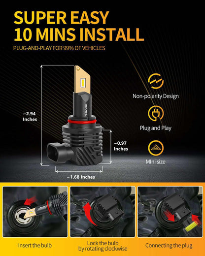 SNGL HB4 9006 LED Fog Light Bulbs, 3000K Amber Yellow, 13000LM Per Set, 500% Brightness, Fanless, Pack of 2 - SNGLlighting 