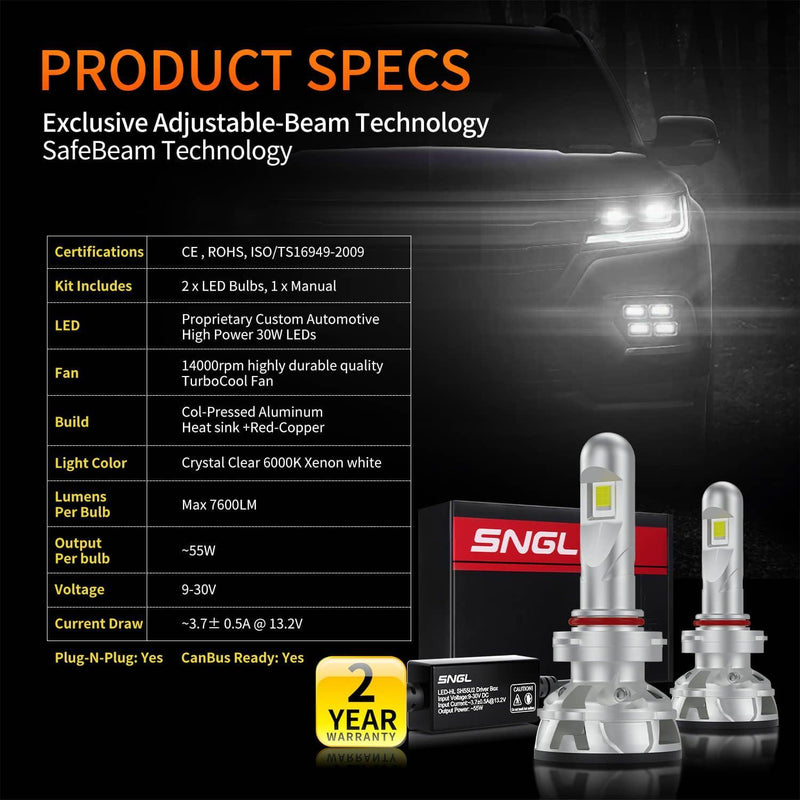 SNGL HB4 9006 LED Headlight Bulbs Low Beam 15200LM 110W 6000K Xenon White Adjustable Beam, Plug-and-Play, Super Bright 2Year Warranty - SNGLlighting 