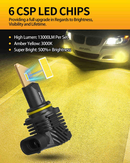 SNGL H10/9140/9145 LED Fog Light Bulbs, 3000K Amber Yellow, 13000LM Per Set, 500% Brightness, 9045 9040 Led Fog Lights, Pack of 2 - SNGLlighting 