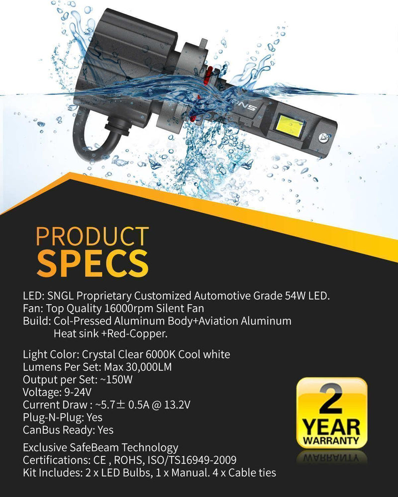 SNGL led 9006 bulbs with IP67 Rain-Resistant Build 