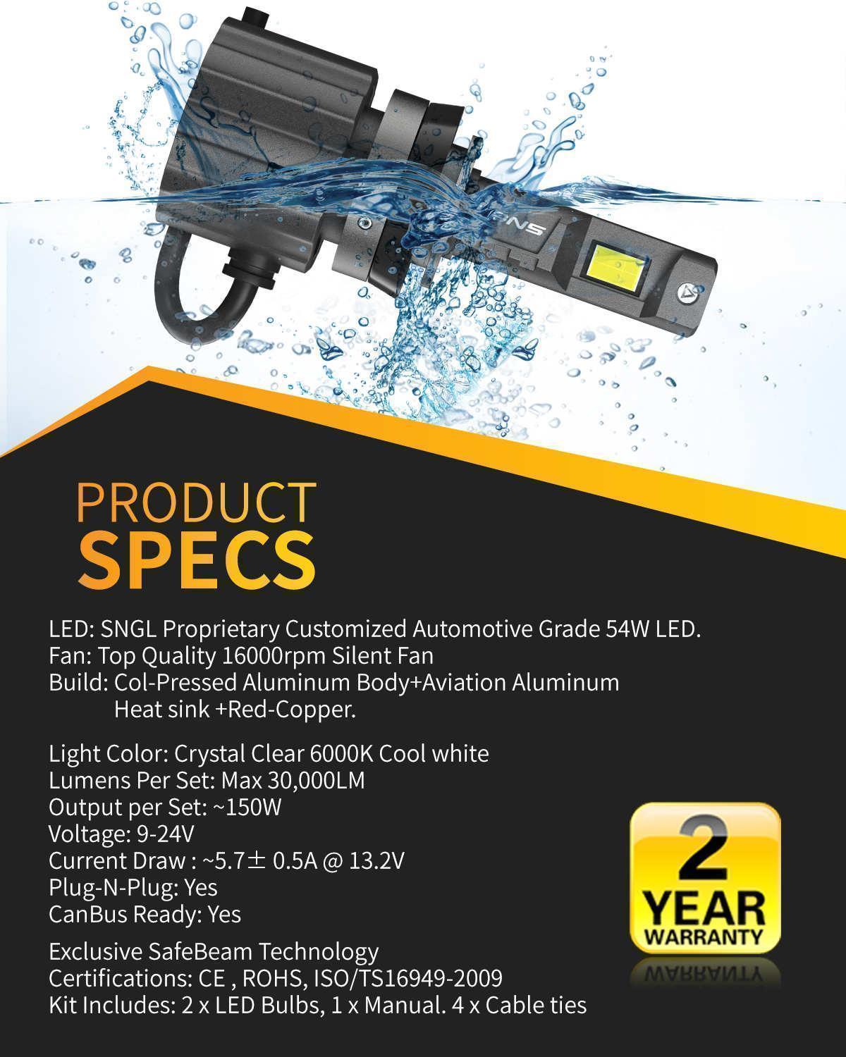SNGL best H11 headlight bulbs with  IP67 Rain-Resistant Build