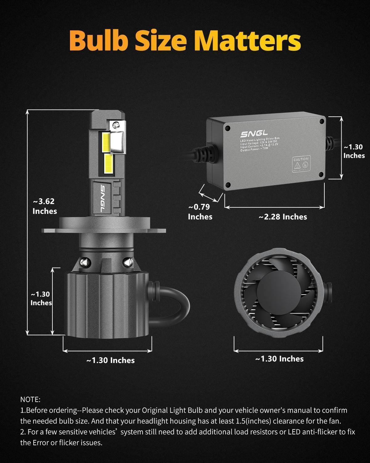SNGL 9003 H4 LED headlight bulbs 1:1 size for easy installation