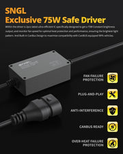 SNGL HB4 9006 headlight bulbs plug-and-play and CANbus ready with 75W safe driver