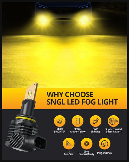 SNGL H10/9140/9145 LED Fog Light Bulbs, 3000K Amber Yellow, 13000LM Per Set, 500% Brightness, 9045 9040 Led Fog Lights, Pack of 2 - SNGLlighting 