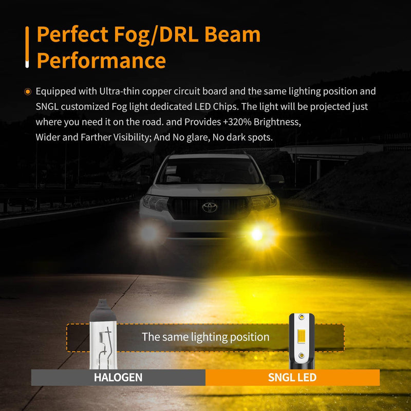 SNGL 9140 H10 9145 Yellow LED Fog Light Bulb or DRL 6400LM 3000K Amber, 9040 9045 LED Bulbs, Plug-and-Play (Pack of 2) - SNGLlighting 