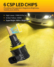 SNGL H11/H8/H16 LED Fog Light Bulbs or DRL, 3000K Amber Yellow, 13000LM Per Set, 500% Brightness, Fanless, Pack of 2 - SNGLlighting 