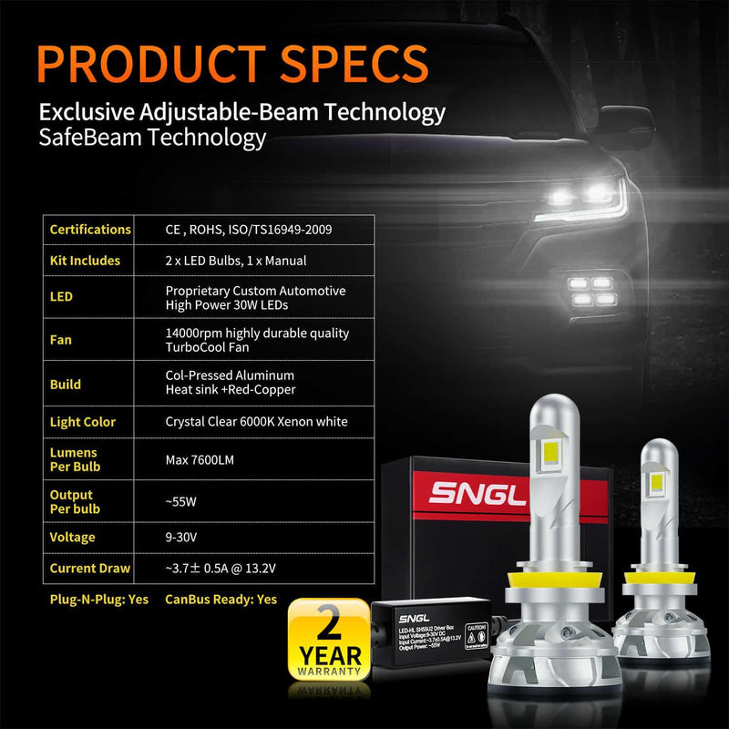 SNGL H8 H11 H9 LED Headlight Bulb Low or High Beam 15200LM 110W 6000K Xenon White, Adjustable Beam, Super Bright, 2Year Warranty - SNGLlighting 
