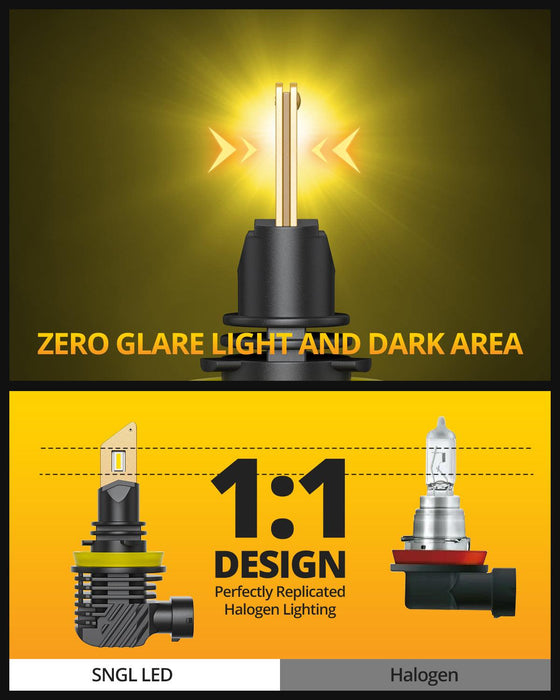 SNGL H11/H8/H16 LED Fog Light Bulbs or DRL, 3000K Amber Yellow, 13000LM Per Set, 500% Brightness, Fanless, Pack of 2 - SNGLlighting 
