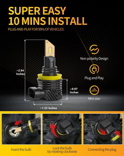 SNGL H11/H8/H16 LED Fog Light Bulbs or DRL, 3000K Amber Yellow, 13000LM Per Set, 500% Brightness, Fanless, Pack of 2 - SNGLlighting 