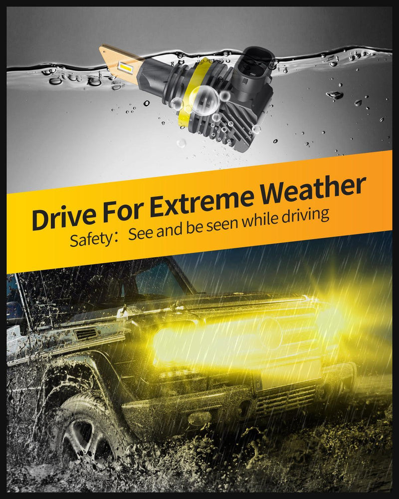 SNGL H11/H8/H16 LED Fog Light Bulbs or DRL, 3000K Amber Yellow, 13000LM Per Set, 500% Brightness, Fanless, Pack of 2 - SNGLlighting 