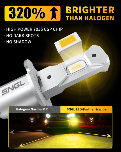 SNGL Upgraded H3 LED Fog Light Bulb Yellow 3000K, Plug-and-Play, 320% Brighter, H3 LED Bulb for Fog Lamp, DRL Replacement, Pack of 2 - SNGLlighting 