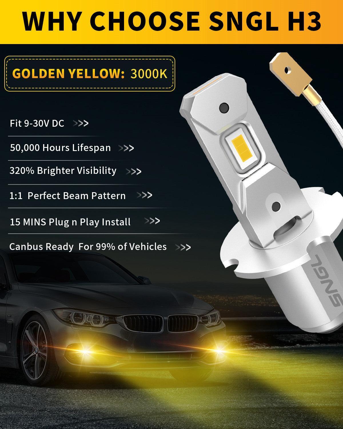 SNGL Upgraded H3 LED Fog Light Bulb Yellow 3000K, Plug-and-Play, 320% Brighter, H3 LED Bulb for Fog Lamp, DRL Replacement, Pack of 2 - SNGLlighting 