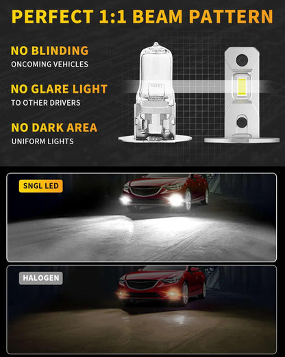 SNGL Upgraded H3 LED Fog Light Bulb, 6000K Xenon White, 320% Brighter, Plug-and-Play, H3 LED Bulb for Fog Lamp, DRL Replacement, Pack of 2 - SNGLlighting 