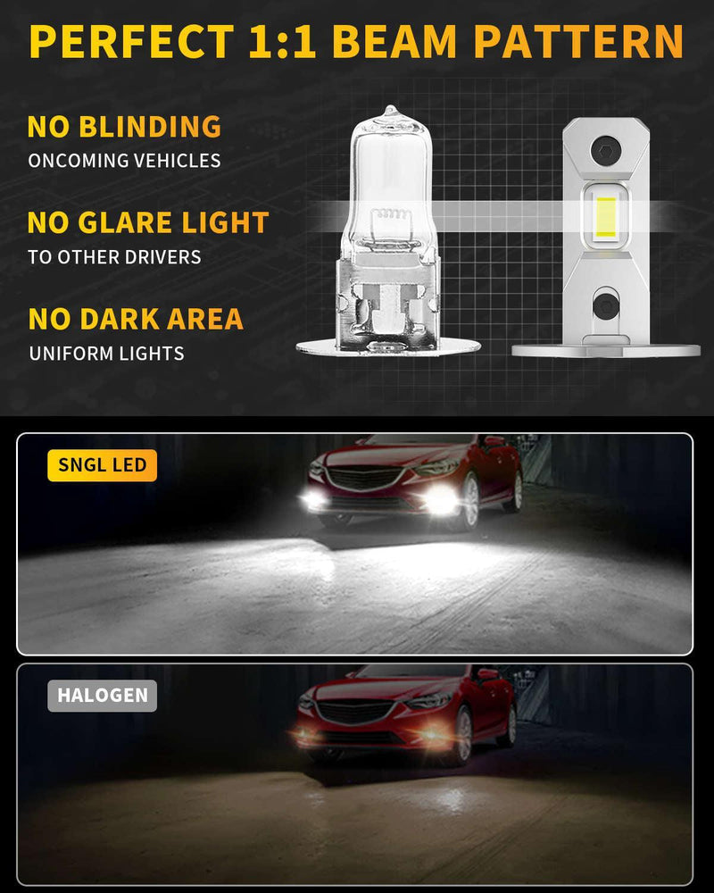 SNGL Upgraded H3 LED Fog Light Bulb, 6000K Xenon White, 320% Brighter, Plug-and-Play, H3 LED Bulb for Fog Lamp, DRL Replacement, Pack of 2 - SNGLlighting 