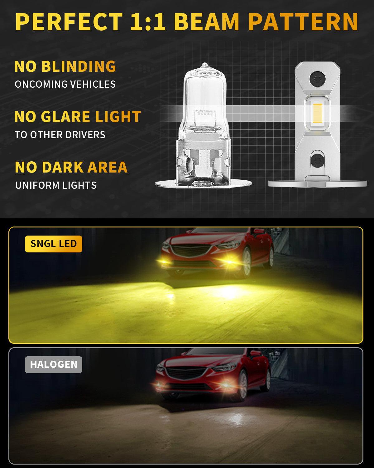 SNGL Upgraded H3 LED Fog Light Bulb Yellow 3000K, Plug-and-Play, 320% Brighter, H3 LED Bulb for Fog Lamp, DRL Replacement, Pack of 2 - SNGLlighting 