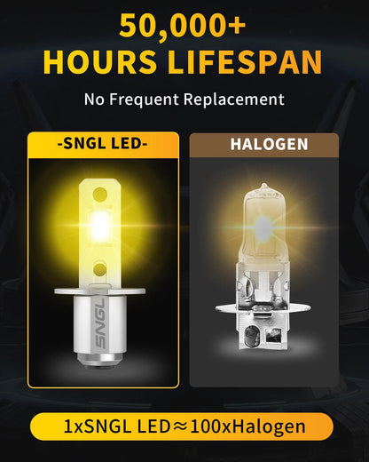 SNGL Upgraded H3 LED Fog Light Bulb Yellow 3000K, Plug-and-Play, 320% Brighter, H3 LED Bulb for Fog Lamp, DRL Replacement, Pack of 2 - SNGLlighting 