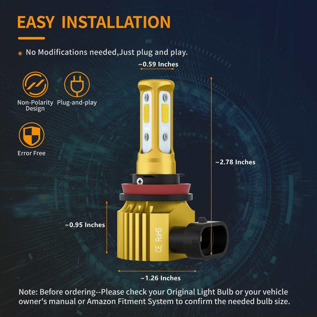 SNGL H8 H16 H11 Yellow LED Fog Light Bulb Amber 3000k 6800LM 40W High Power Halogen Bulbs Lamp Replacement 2pcs - SNGLlighting 