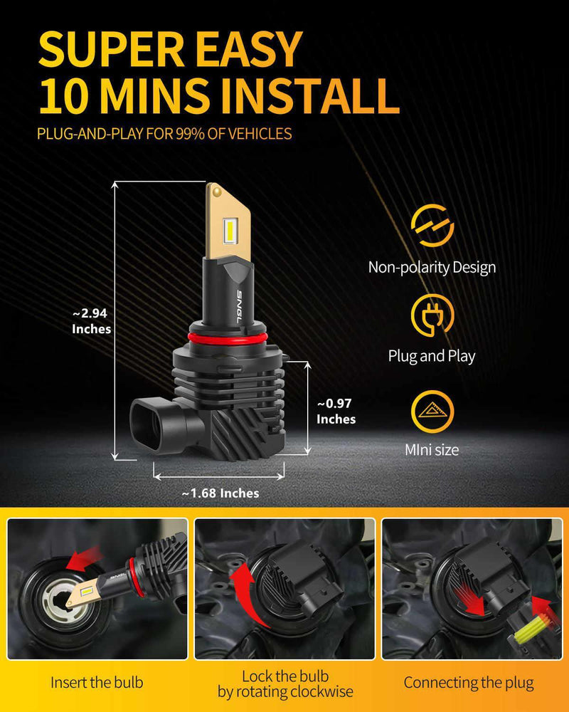 SNGL HB4 9006 LED Fog Light Bulbs or DRL, 13000LM Per Set, 500% Brightness, 6500K White, Fanless, Plug-N-Play, Pack of 2 - SNGLlighting 